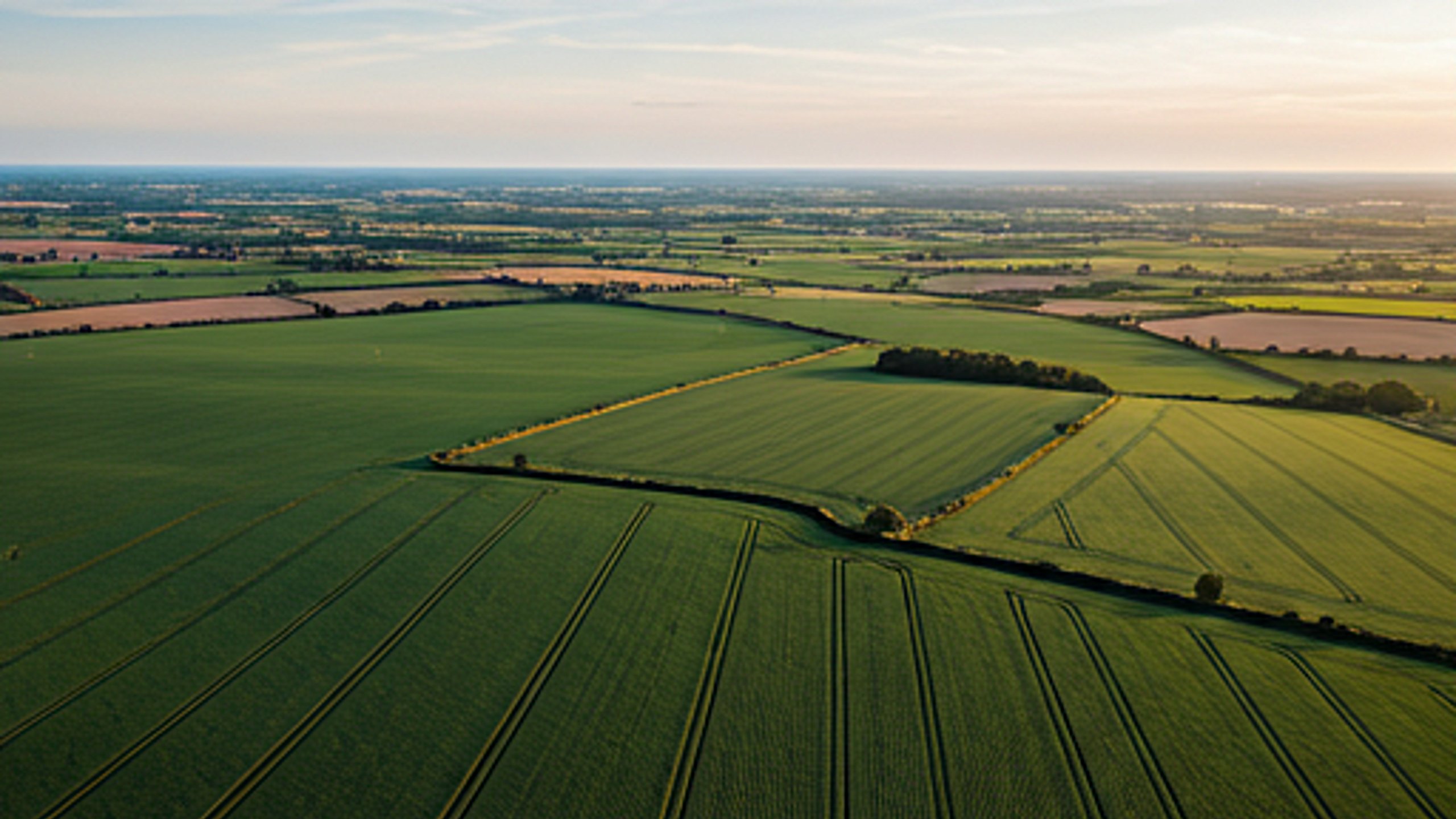 Aerial view of structured agricultural landscape in the UK, patchwork fields of varying crops, sustainable farming aesthetic.